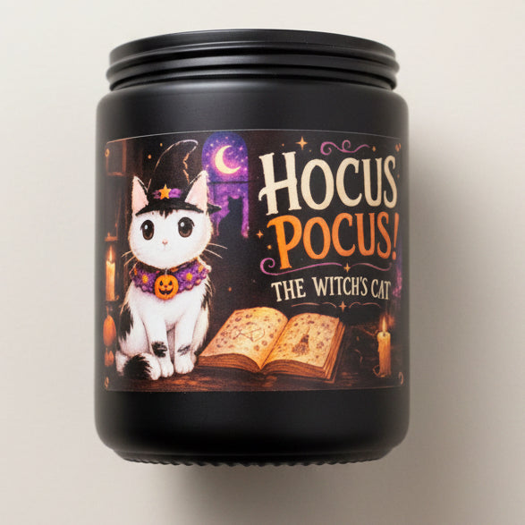 Hocus Pocus The Witch's Cat 8 oz Halloween soy candle in black glass jar