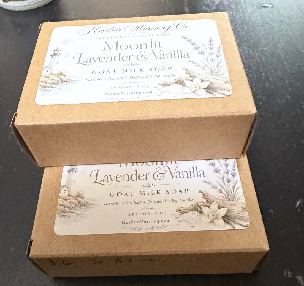 Moonlit Lavender & Vanilla goat milk soap in a relaxing lifestyle setting