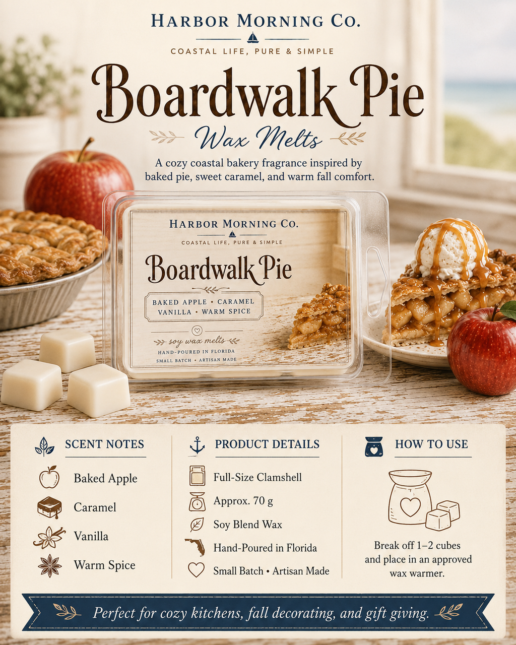 Boardwalk Pie wax melt scent and product infographic
