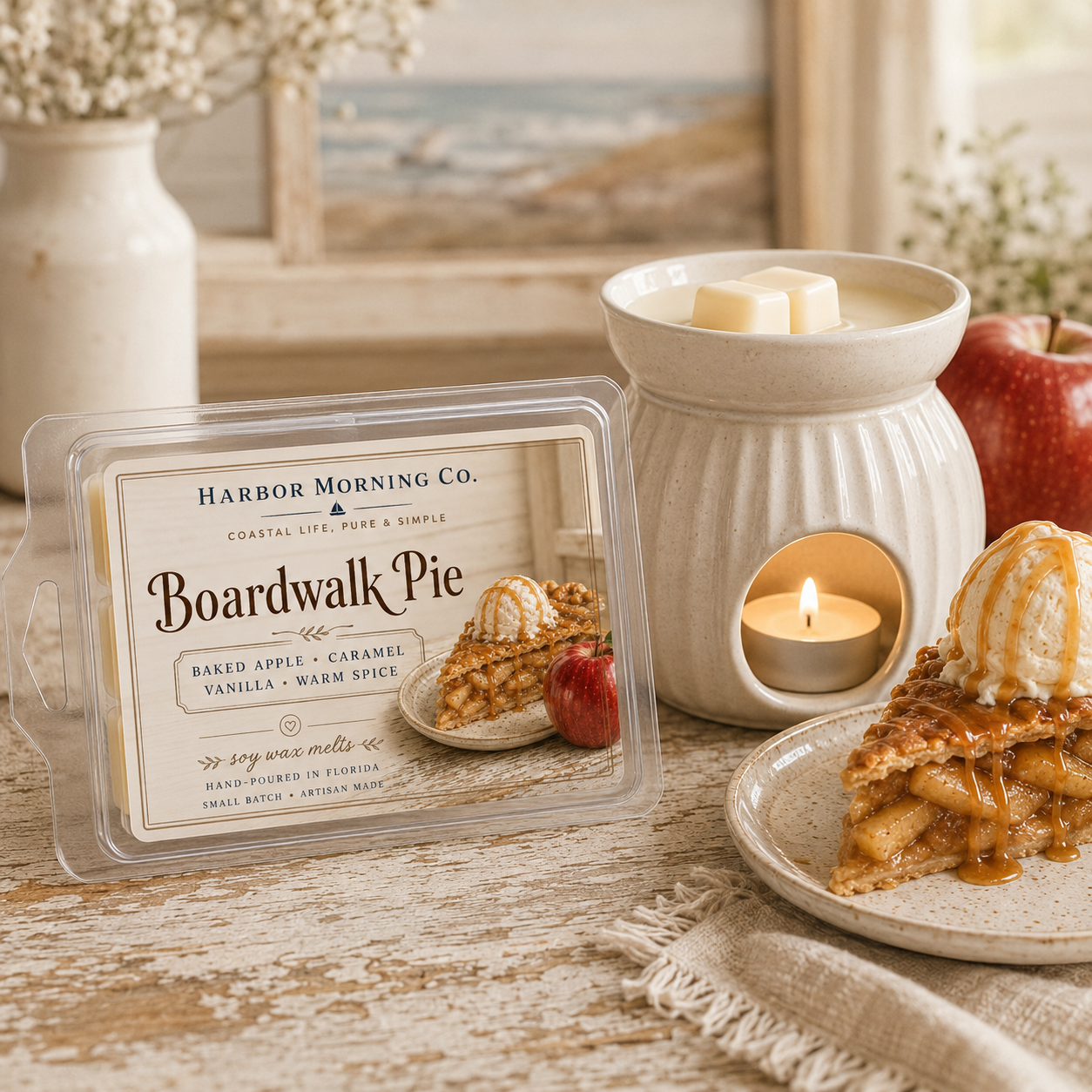 Boardwalk Pie wax melts shown on a wax warmer