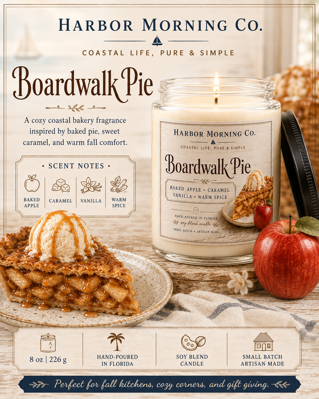 Boardwalk Pie candle scent and product infographic