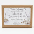 Moonlit Lavender & Vanilla goat milk soap in a coastal self-care setting