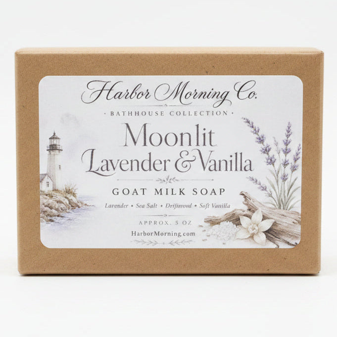 Moonlit Lavender & Vanilla goat milk soap in a coastal self-care setting