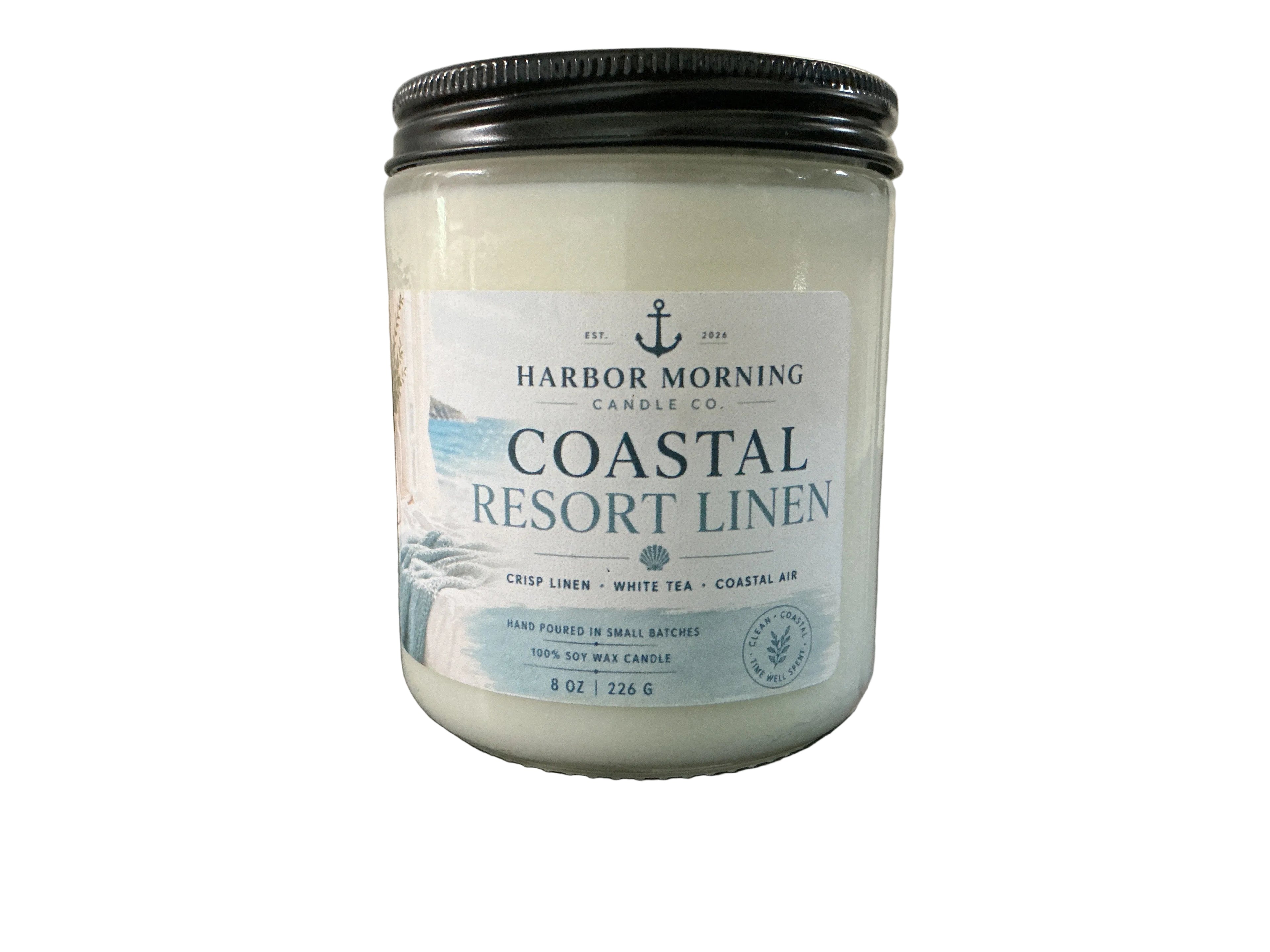 Coastal Resort Linen 8 oz soy candle with fresh linen scent