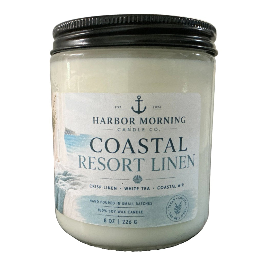 Coastal Resort Linen 8 oz soy candle with fresh linen scent