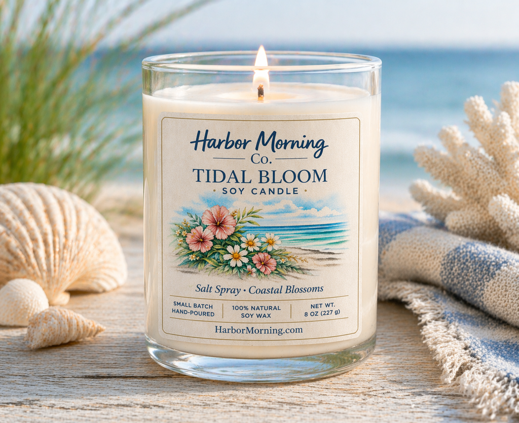 Harbor Morning Co. Tidal Bloom 8oz hand-poured coastal floral soy candle on a sandy beach with ocean background