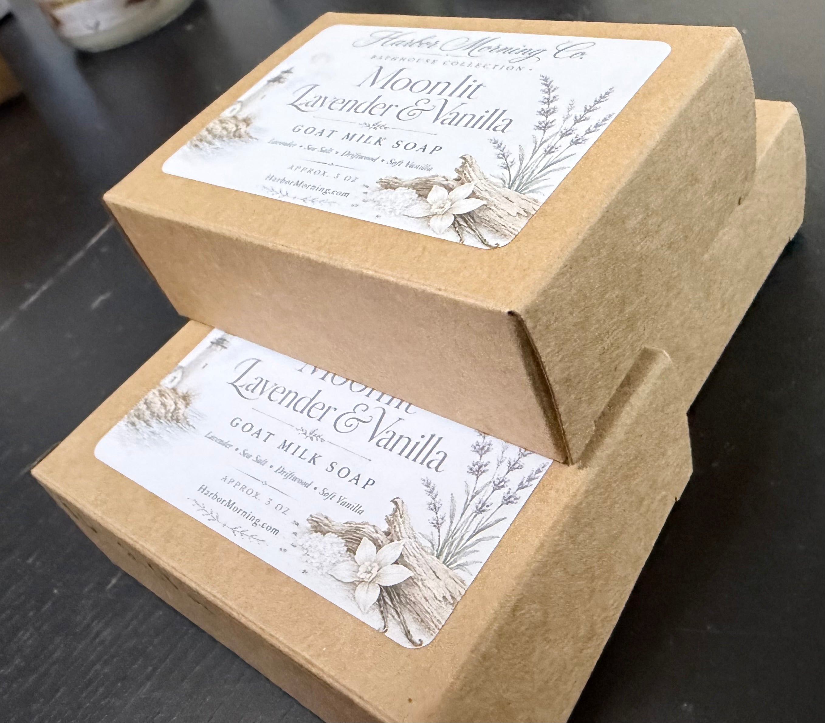 Moonlit Lavender & Vanilla goat milk soap packaging detail