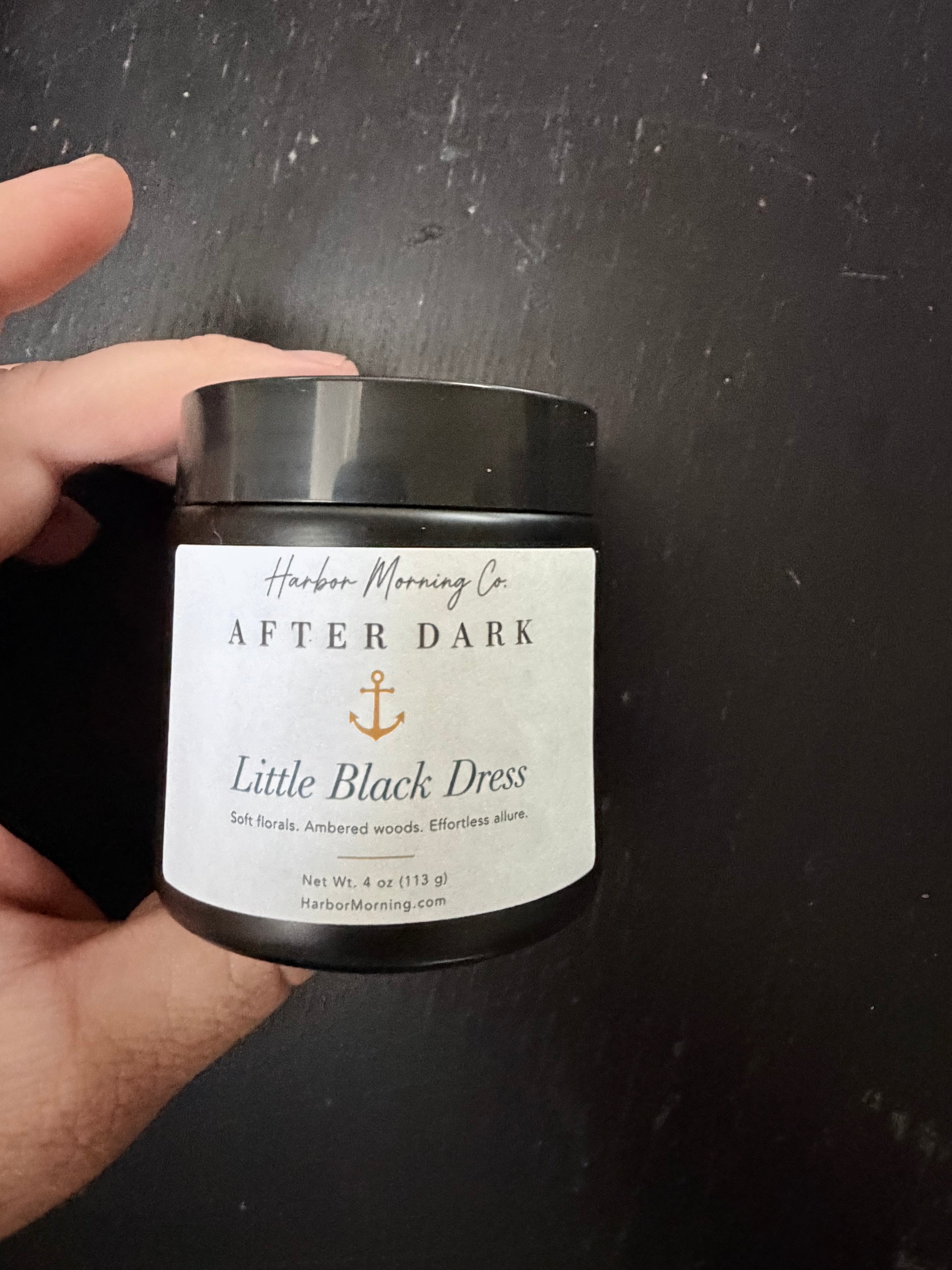 Little Black Dress 4 oz soy candle in an elegant lifestyle setting