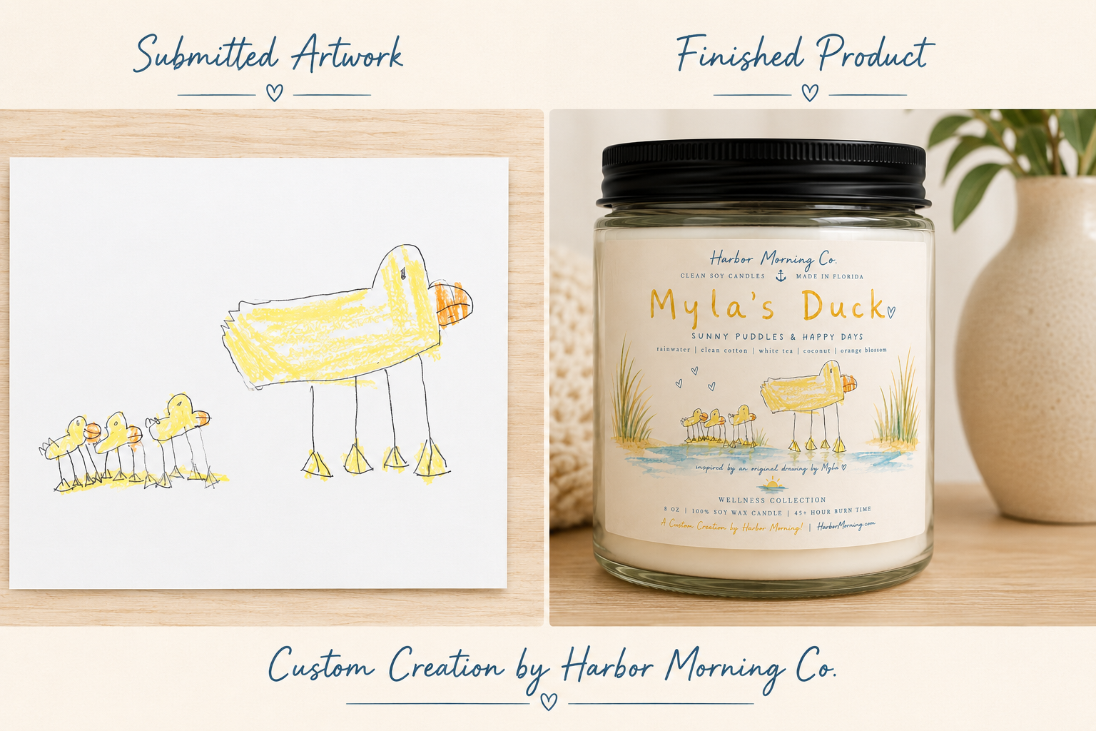 Myla's Duck Candle | Child Artwork Inspired Coastal Soy Candle | Harbor Morning Co.