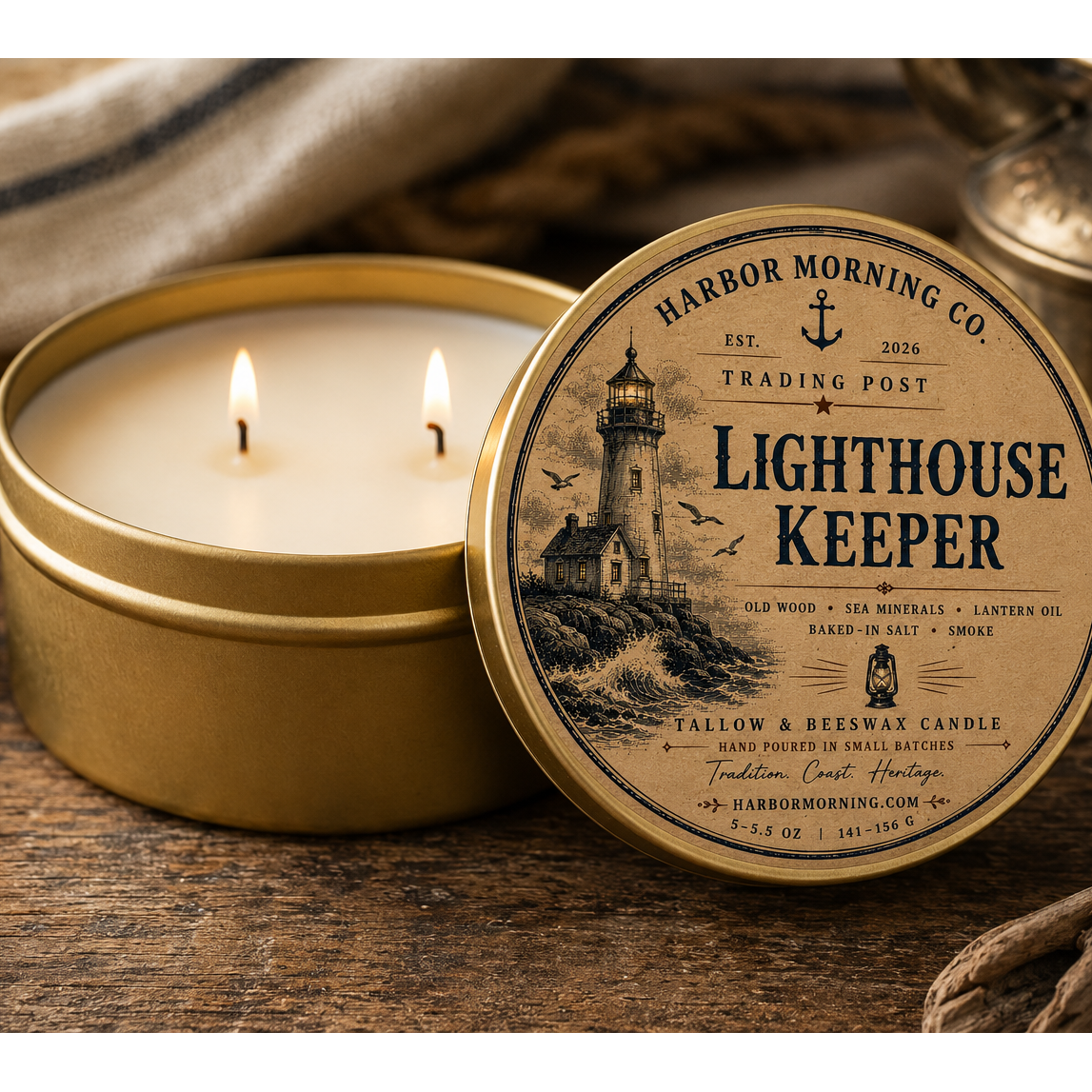 Lighthouse Keeper tallow and beeswax heritage candle lit on a table
