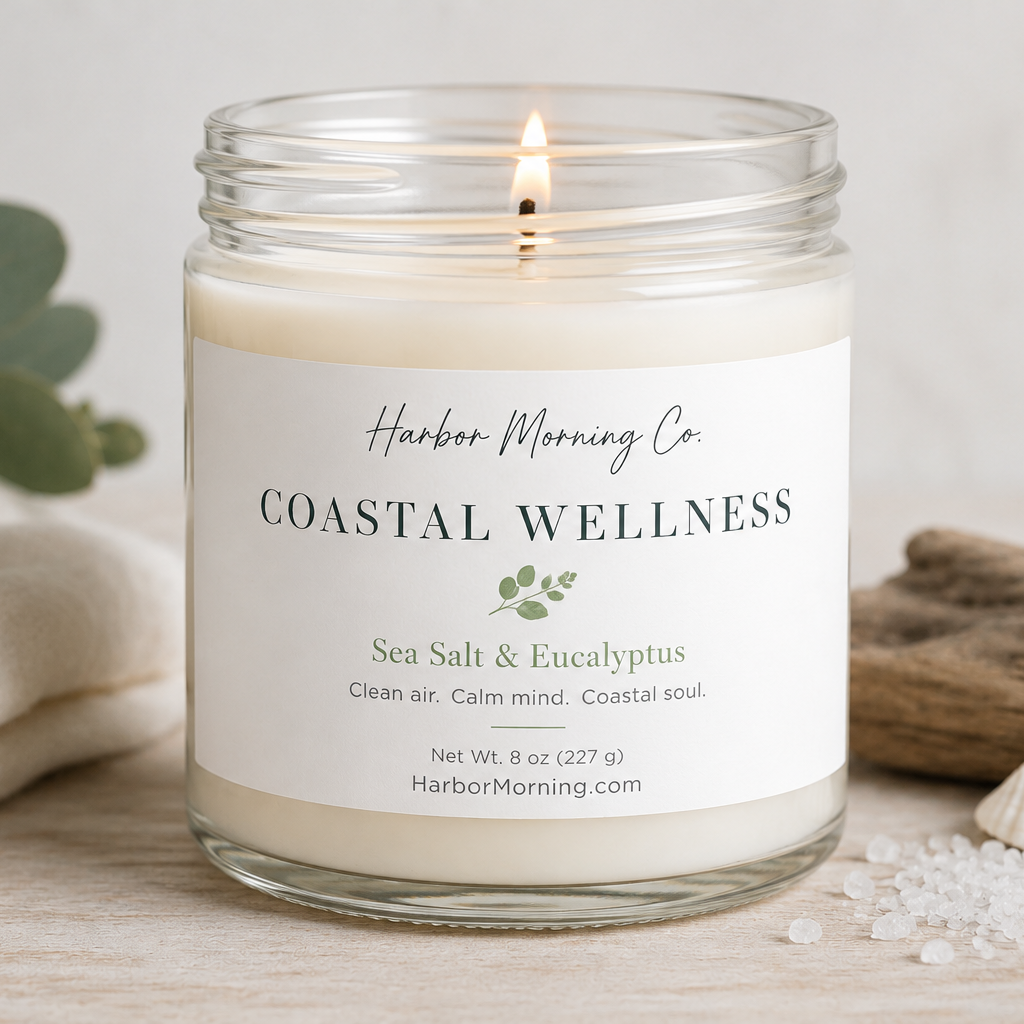 Sea Salt and Eucalyptus Coastal Wellness soy candle by Harbor Morning Co.