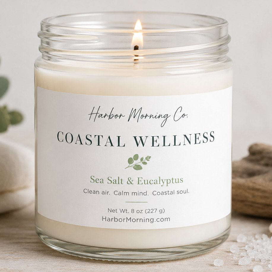 Dune Grass and Driftwood Coastal Wellness soy candle by Harbor Morning Co.