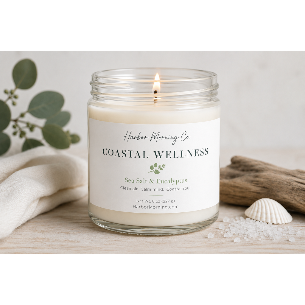 Sea Salt and Eucalyptus Coastal Wellness soy candle by Harbor Morning Co.