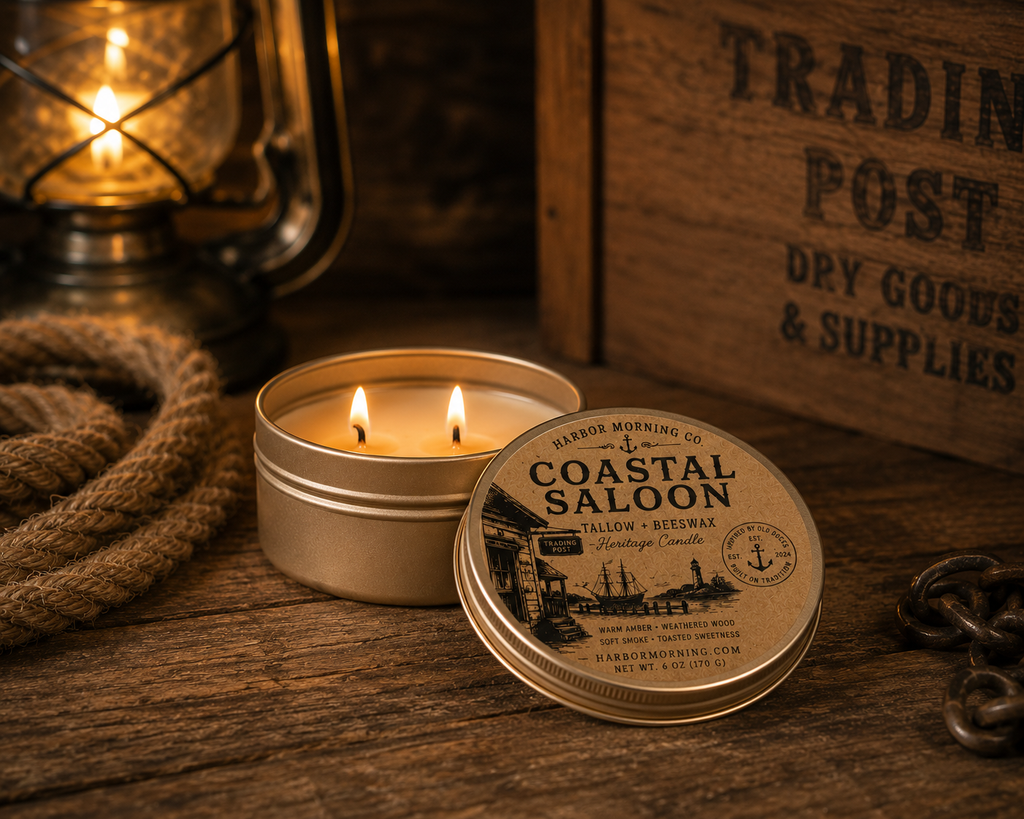 Candle in a tin labeled 'Coastal Saloon' on a wooden surface with lantern and rope.