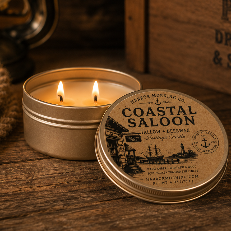 Coastal Saloon tallow and beeswax heritage candle with lantern and rope