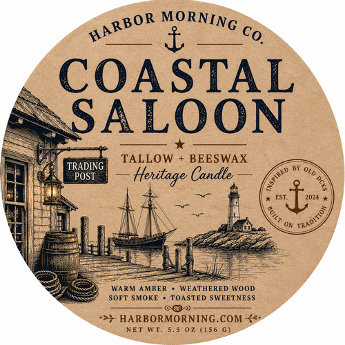 Coastal Saloon candle label with nautical design and text