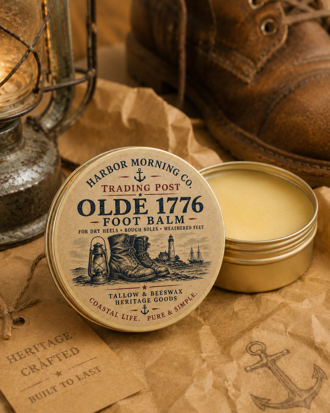 Oldé 1776 foot balm tin with a rustic background featuring boots and lantern.