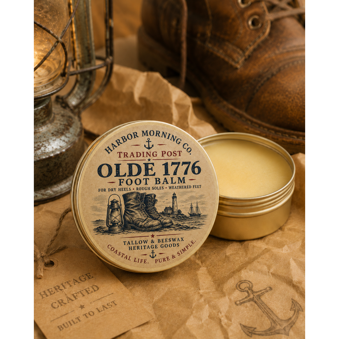 Olde 1776 tallow and beeswax foot balm with boots and lantern