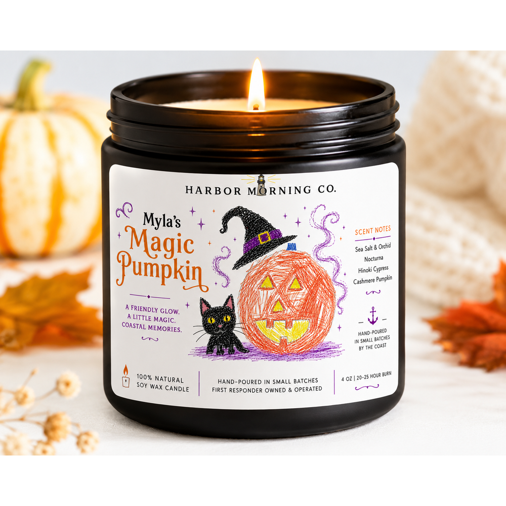 Myla's Magic Pumpkin 8 oz soy candle by Harbor Morning Co.