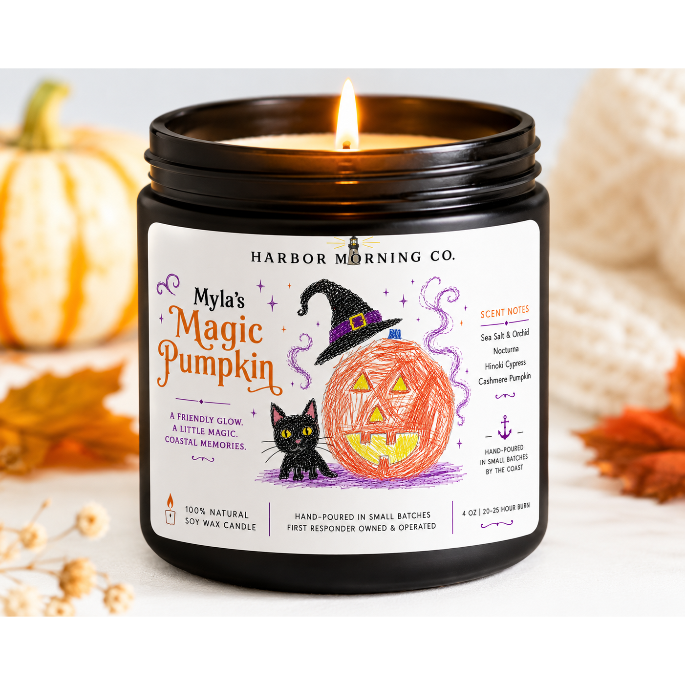 Myla's Magic Pumpkin 4 oz coastal Halloween soy candle by Harbor Morning Co.