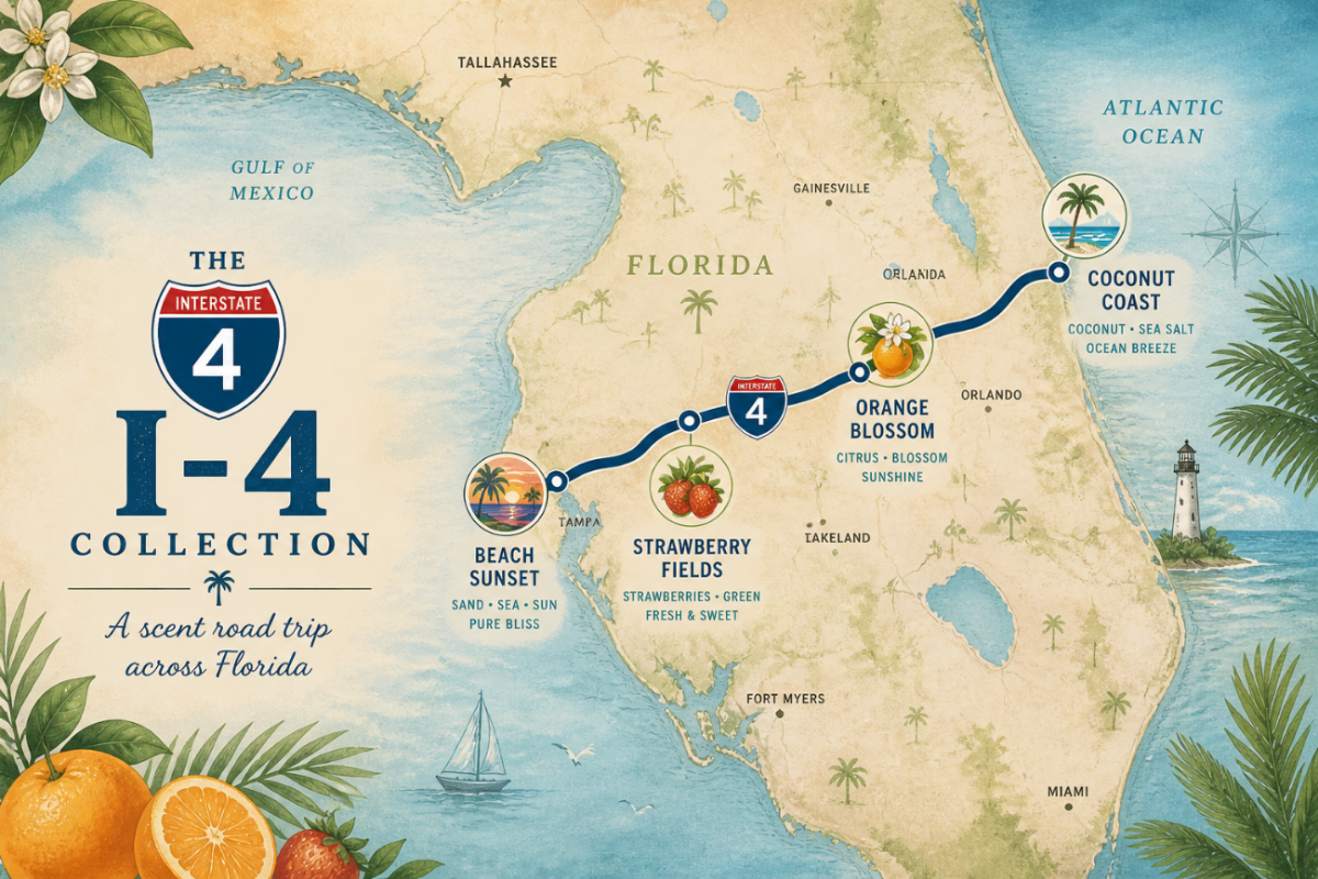 Map of Florida with scenic stops along Interstate 4, featuring oranges and palm trees.