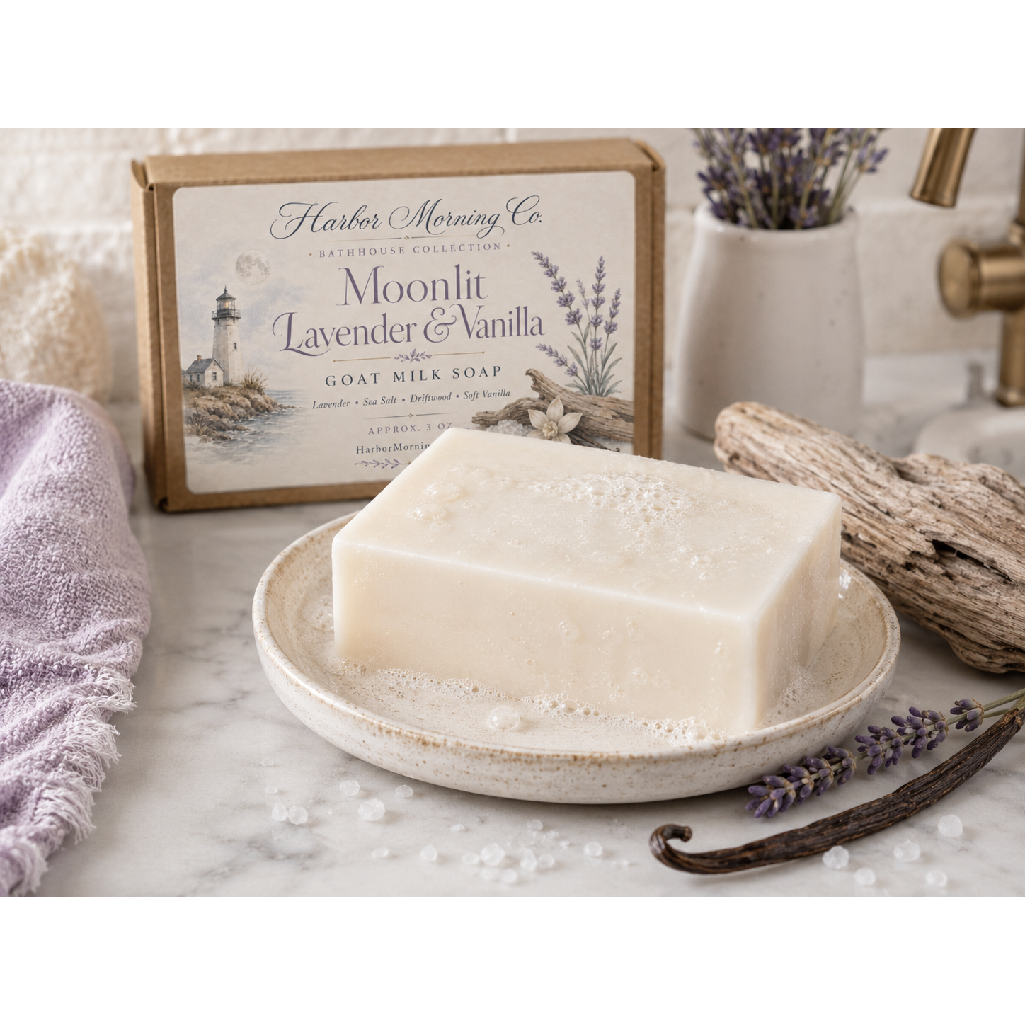 Moonlit Lavender and Vanilla goat milk soap shown in use