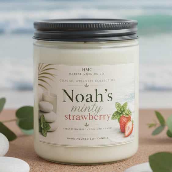 Noah's Minty Strawberry 8 oz soy candle by Harbor Morning Co.