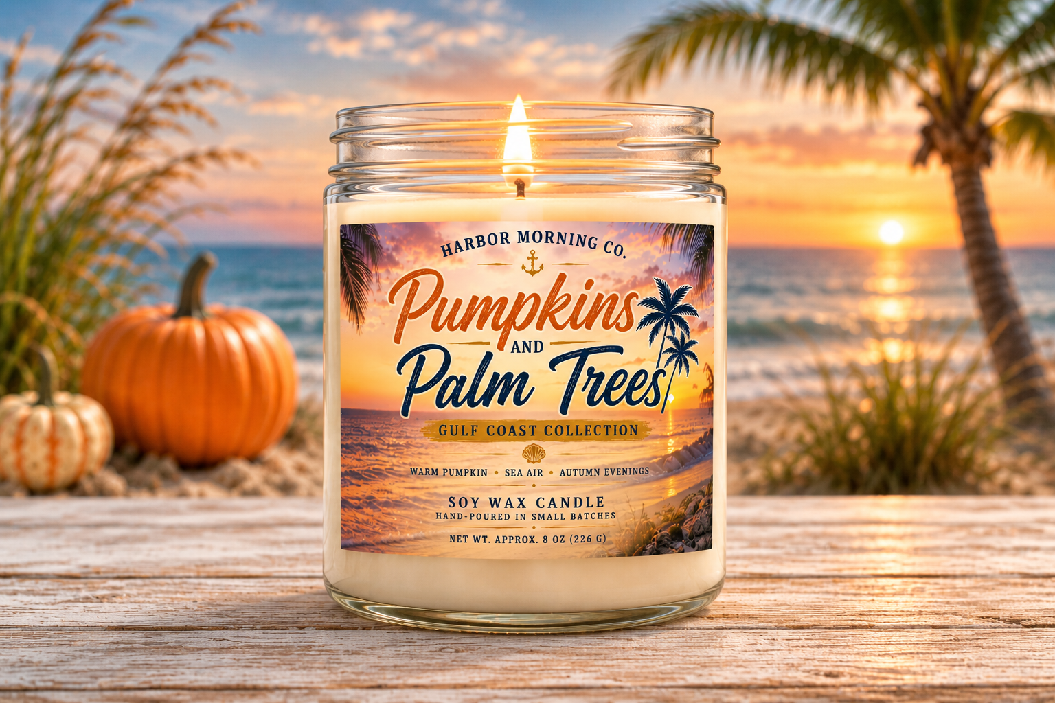 Pumpkins & Palm Trees | Hand-Poured Coastal 8oz Soy Candle