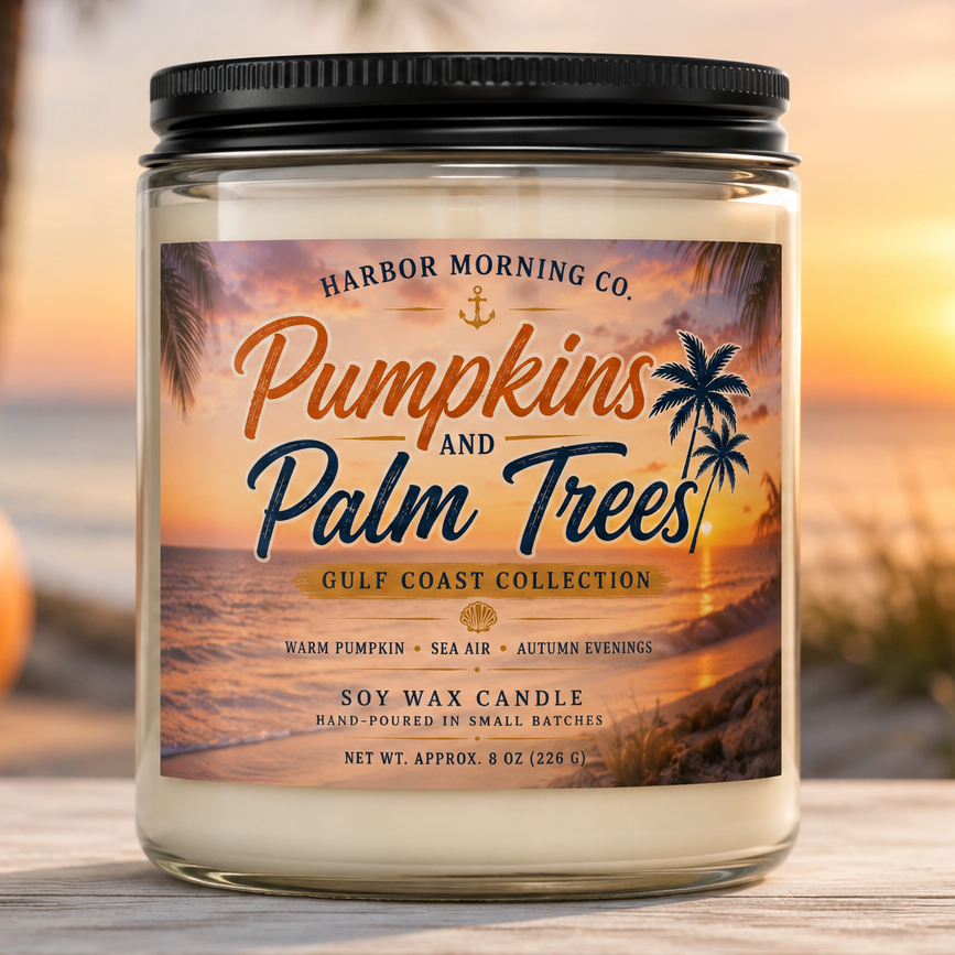 Pumpkins and Palm Trees 8 oz soy candle on the beach at sunset