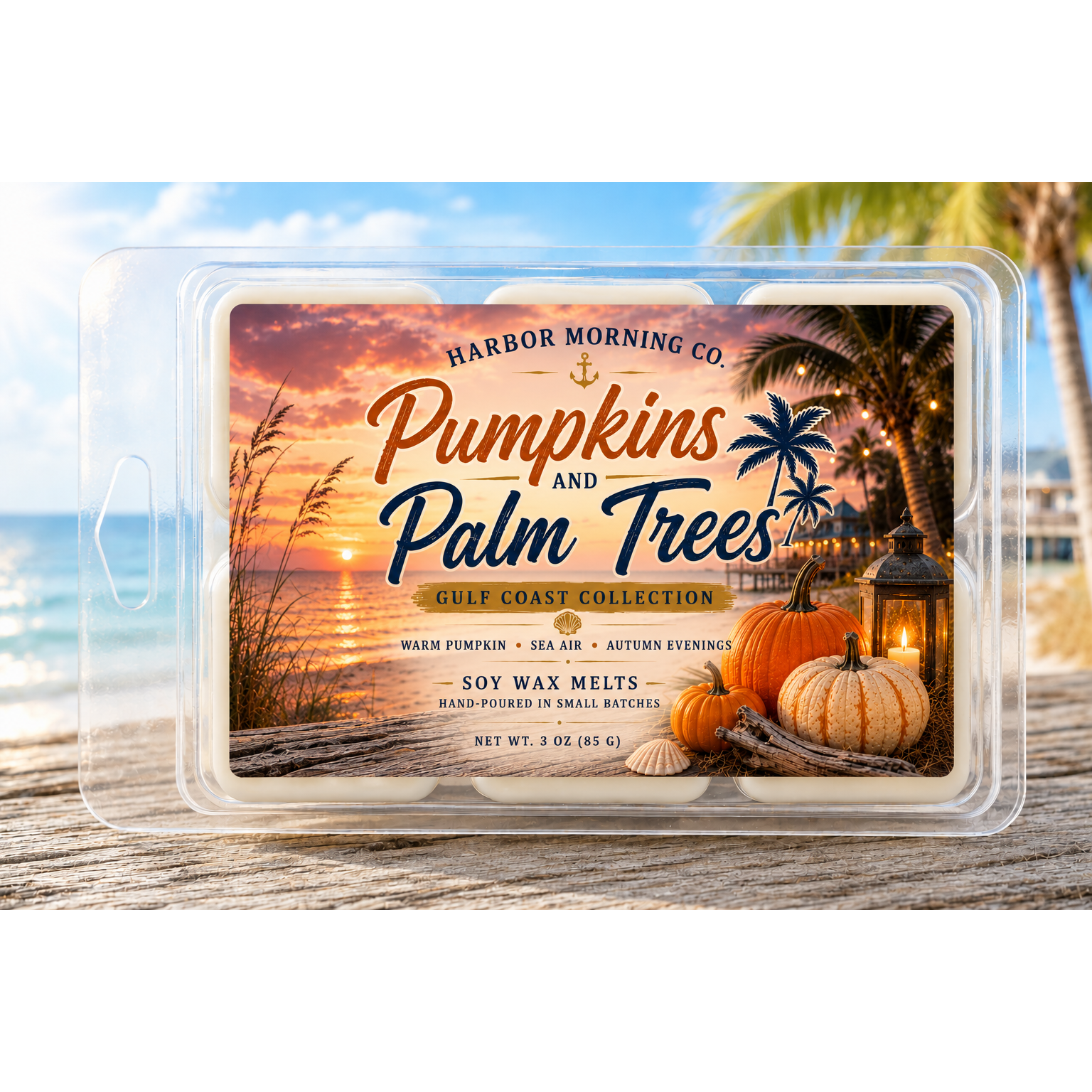Pumpkins and Palm Trees coastal soy wax melts by Harbor Morning Co.