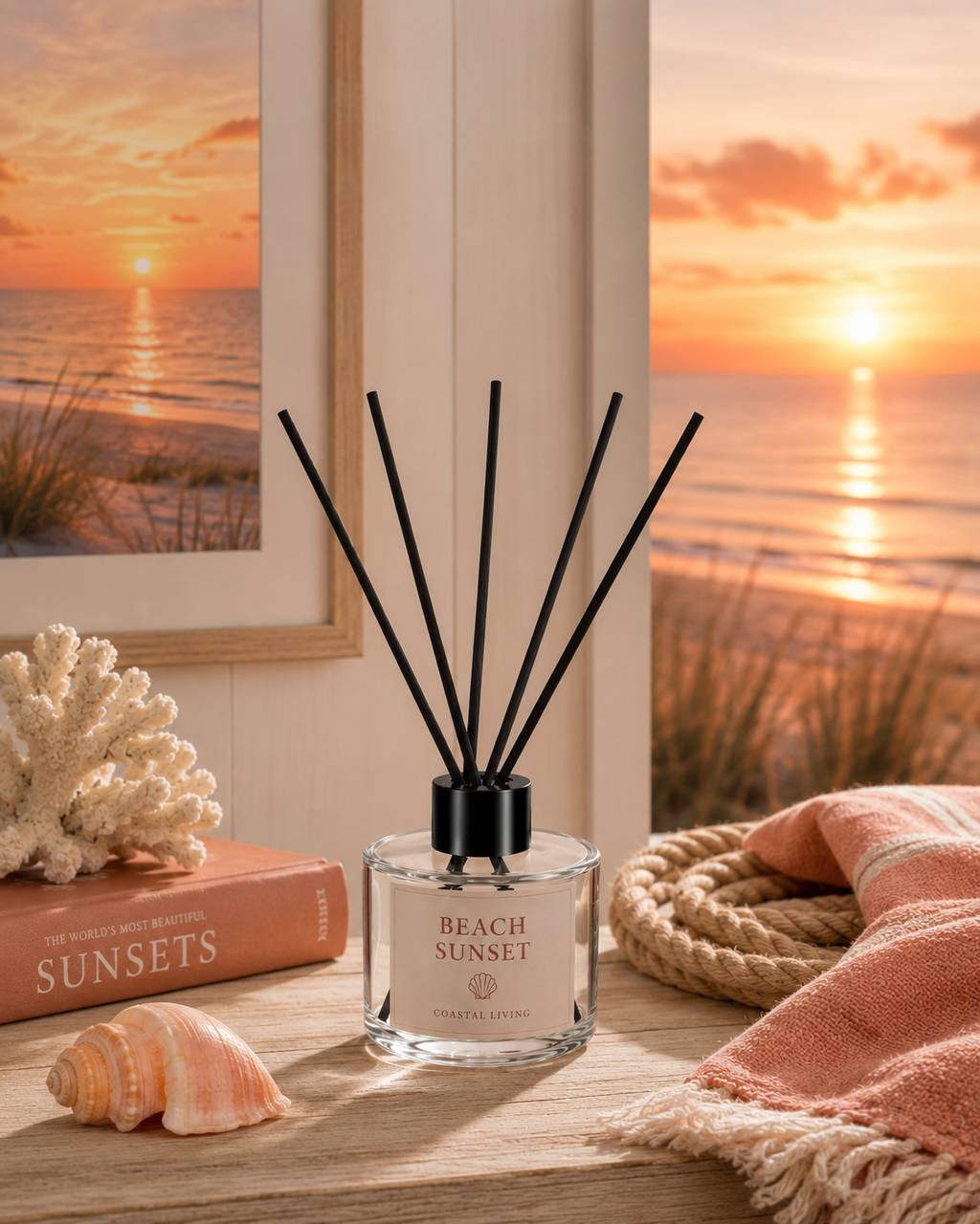 Beach Sunset reed diffuser in a warm coastal sunset setting