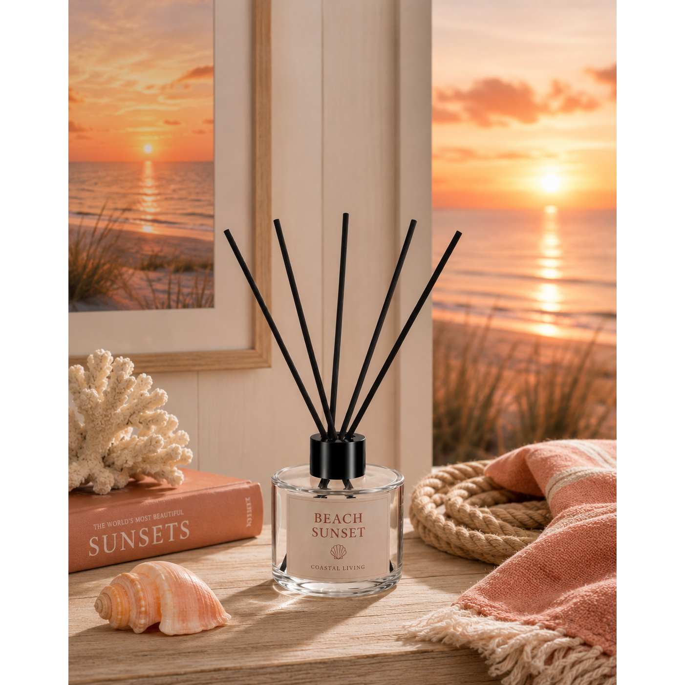 Beach Sunset reed diffuser in a warm coastal sunset setting