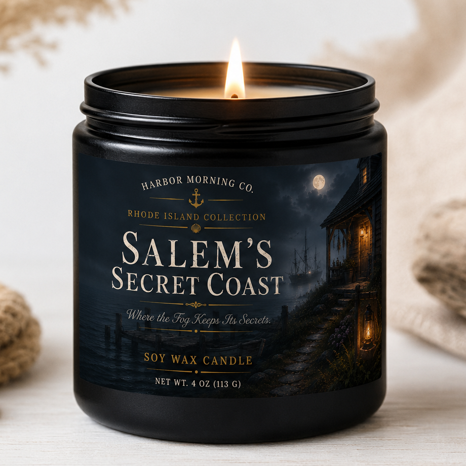 Salem's Secret Coast 4 oz Halloween soy candle by Harbor Morning Co.