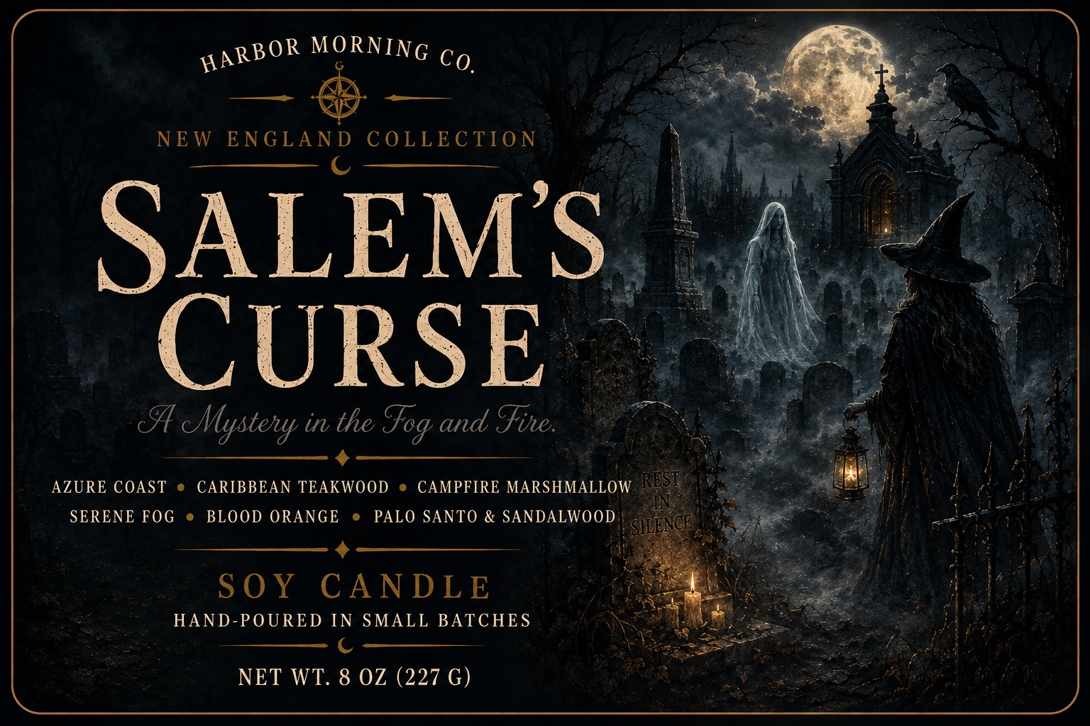 Salem's Curse 8 oz dark coastal Halloween soy candle by Harbor Morning Co.