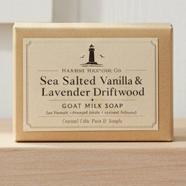Sea Salted Vanilla & Lavender Driftwood goat milk soap in kraft box by Harbor Morning Co.