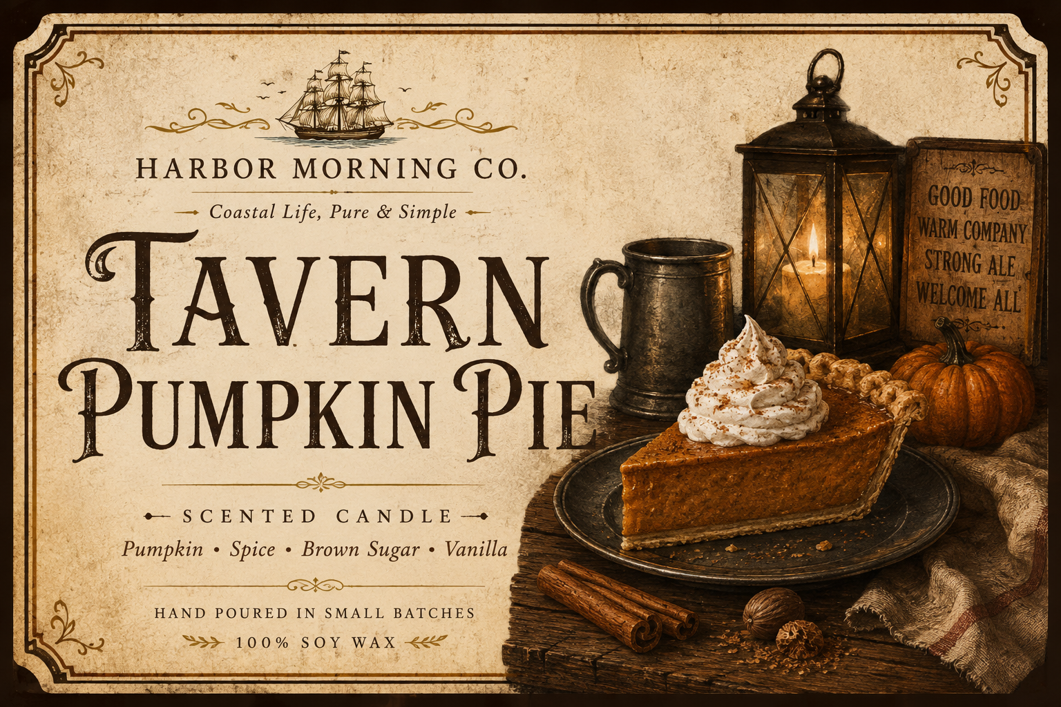 Tavern Pumpkin Pie 8 oz soy candle by Harbor Morning Co.