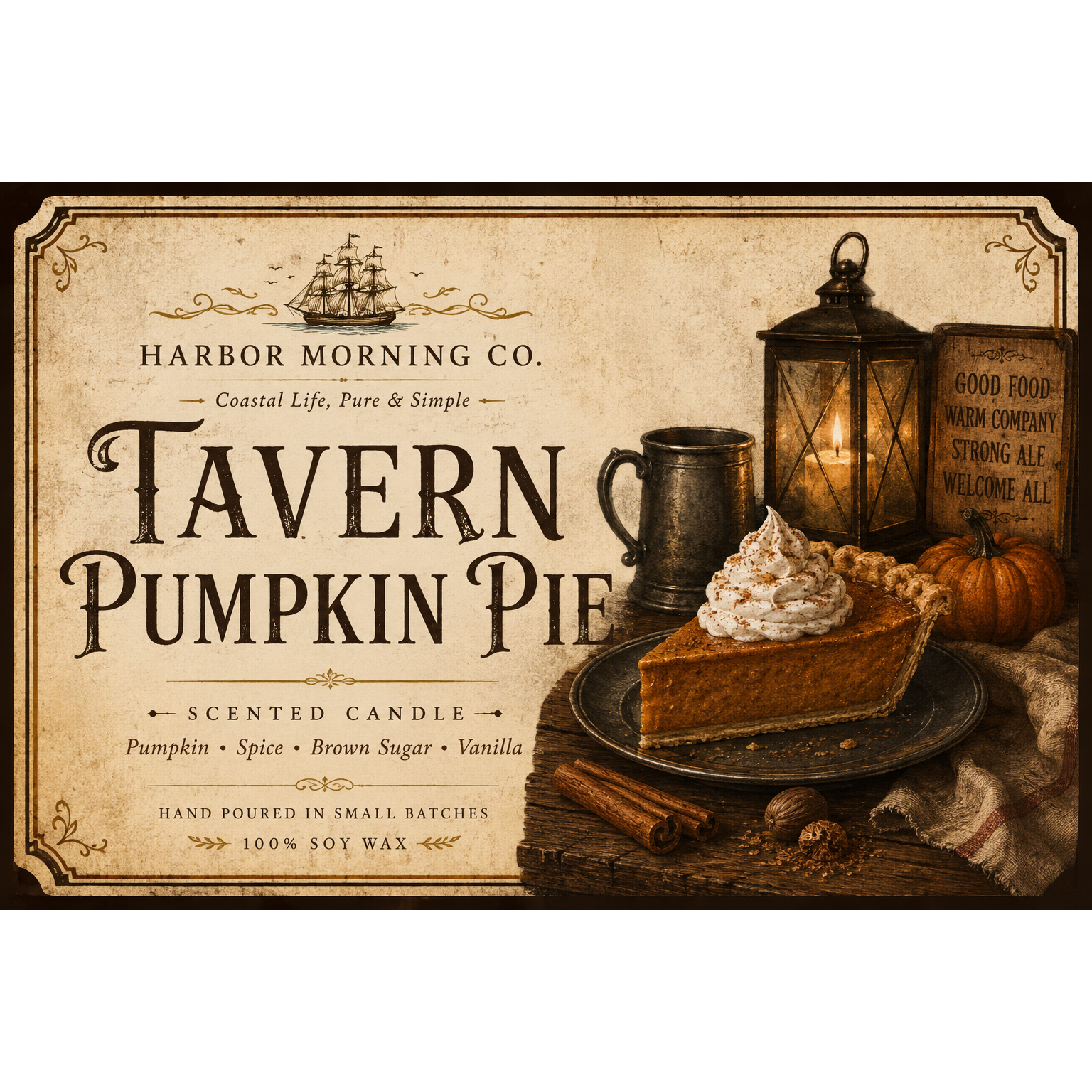 Tavern Pumpkin Pie 8 oz soy candle by Harbor Morning Co.