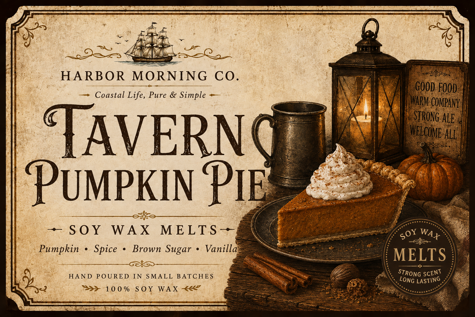 Tavern Pumpkin Pie scented wax melts by Harbor Morning Co.