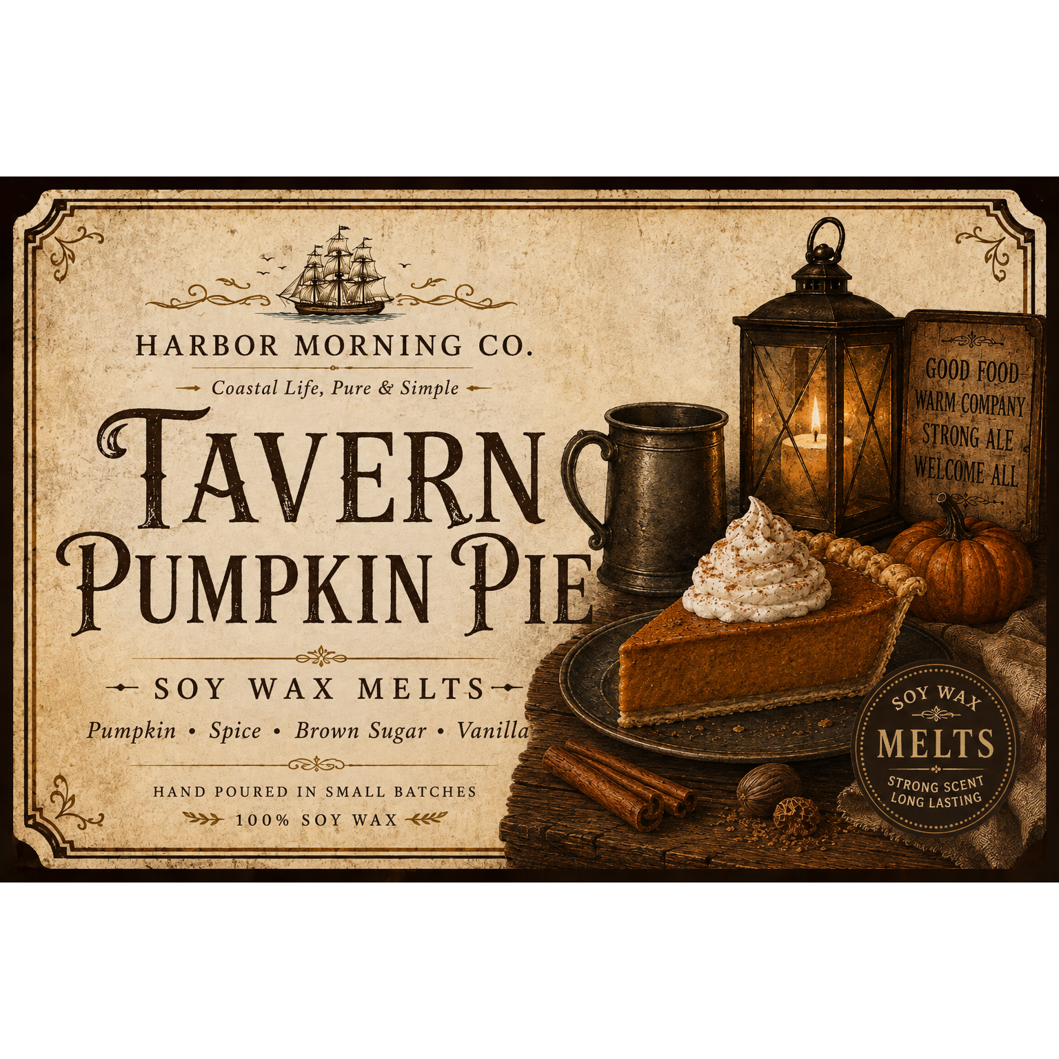 Tavern Pumpkin Pie scented wax melts by Harbor Morning Co.