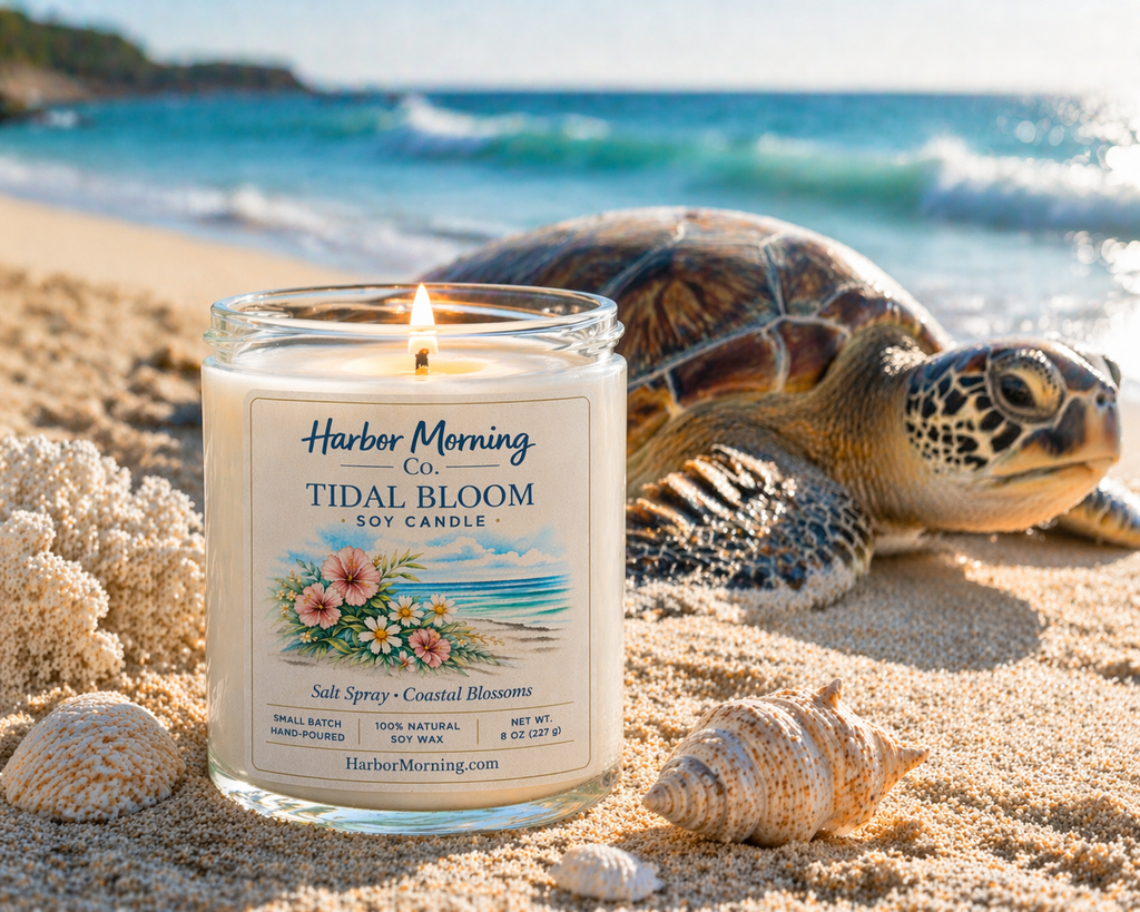 Harbor Morning Co. Tidal Bloom 8oz hand-poured coastal floral soy candle with sea turtle design — ocean air scent
