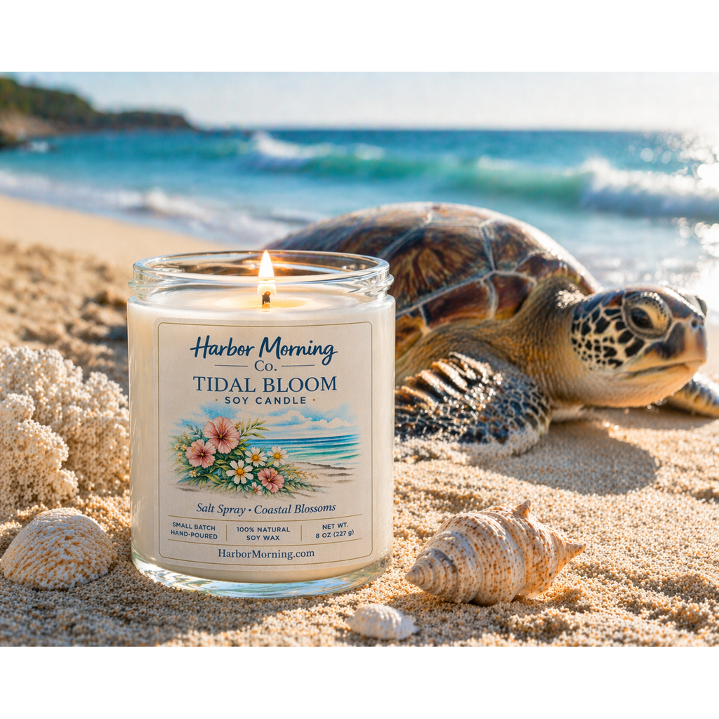 Harbor Morning Co. Tidal Bloom 8oz hand-poured coastal floral soy candle with sea turtle design — ocean air scent
