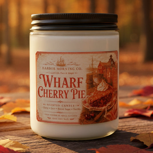 Wharf Cherry Pie soy candle in clear glass jar by Harbor Morning Co.