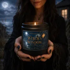 Witch's Window gothic Halloween soy candle in a dark coastal setting