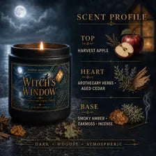 Witch's Window soy candle in a spooky gothic Halloween setting