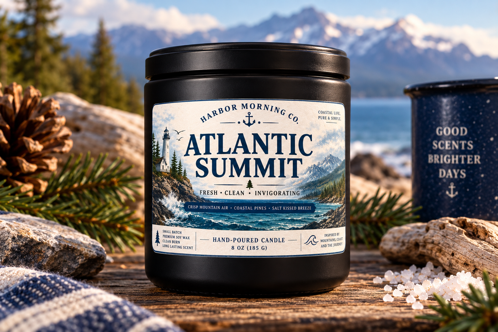 Atlantic Summit candle in coastal mountain setting