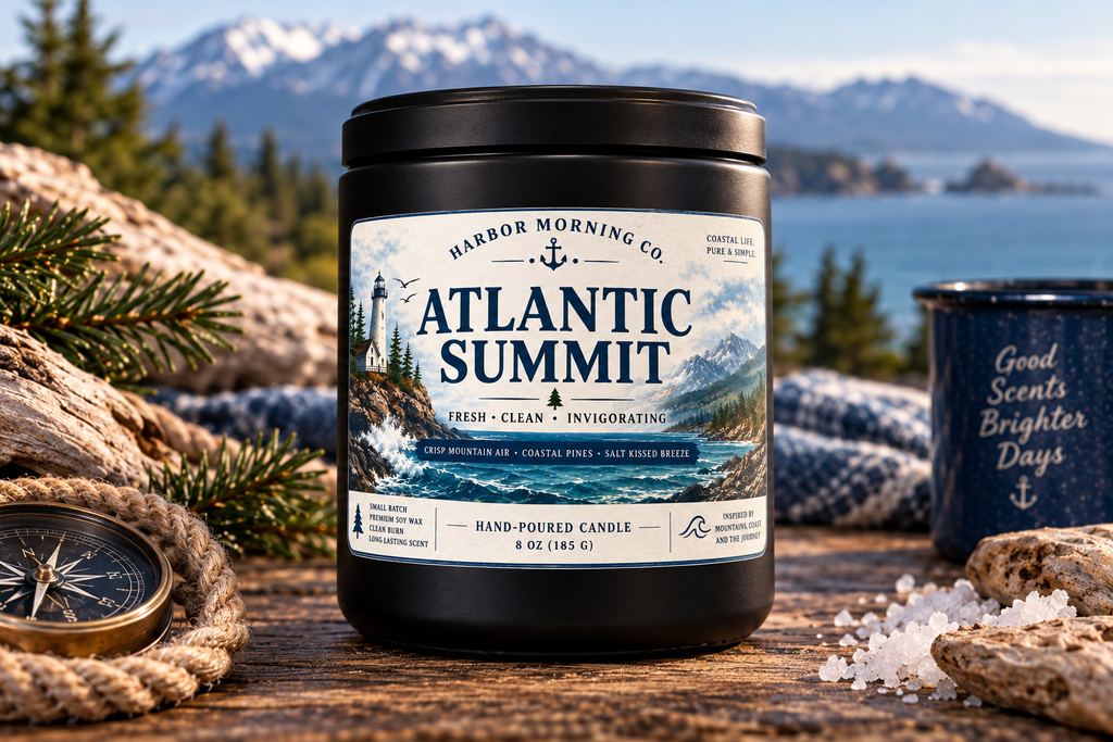 Atlantic Summit candle with compass and coastal pines