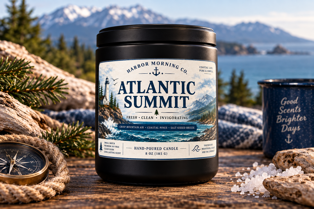 Atlantic Summit candle with compass and coastal pines