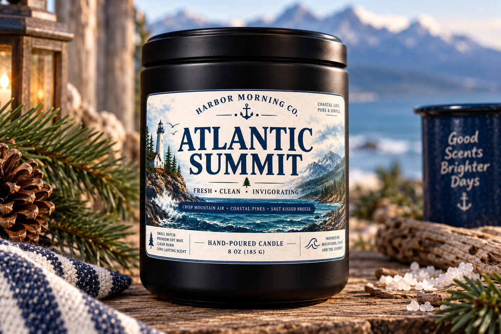 Atlantic Summit candle with lantern and mountain coast