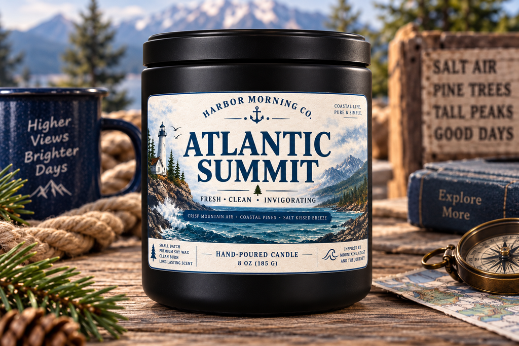 Atlantic Summit candle with travel and coastal decor