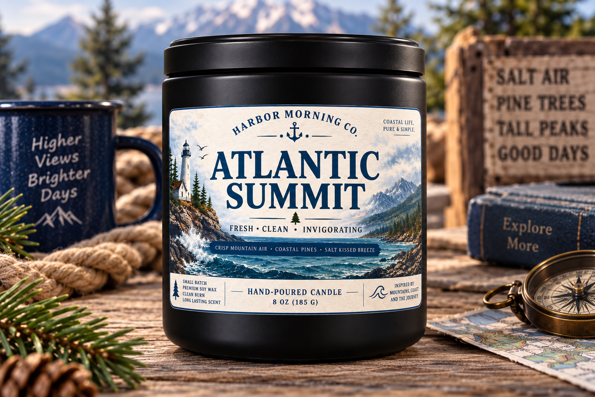 Atlantic Summit candle with travel and coastal decor